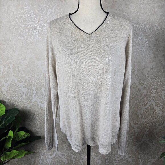 Barneys New York Co-op Size Large Cream Colored Linen/Cotton Blend Sweater Vneck - Picture 1 of 11